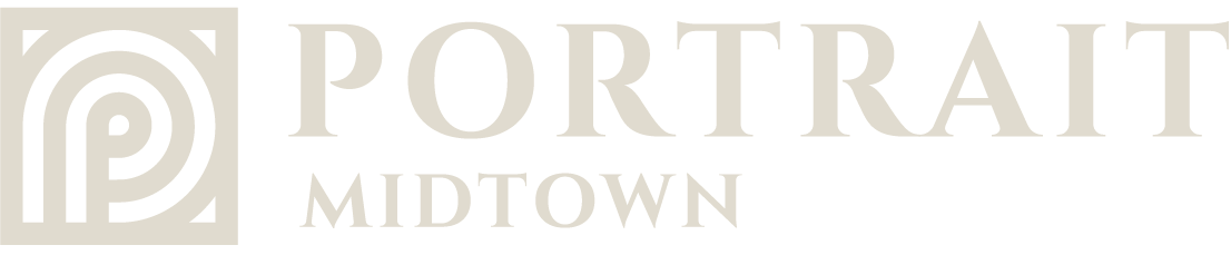A black and white image with the words  at Portrait Midtown  Apartments, Carmel, IN